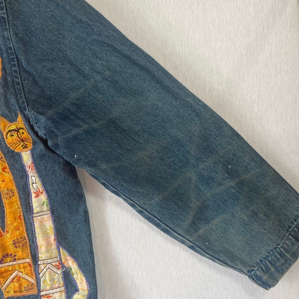 Tantrums Vintage Denim Jacket Women L Cat Patchwork Embroidered Art to Wear - Picture 14 of 16